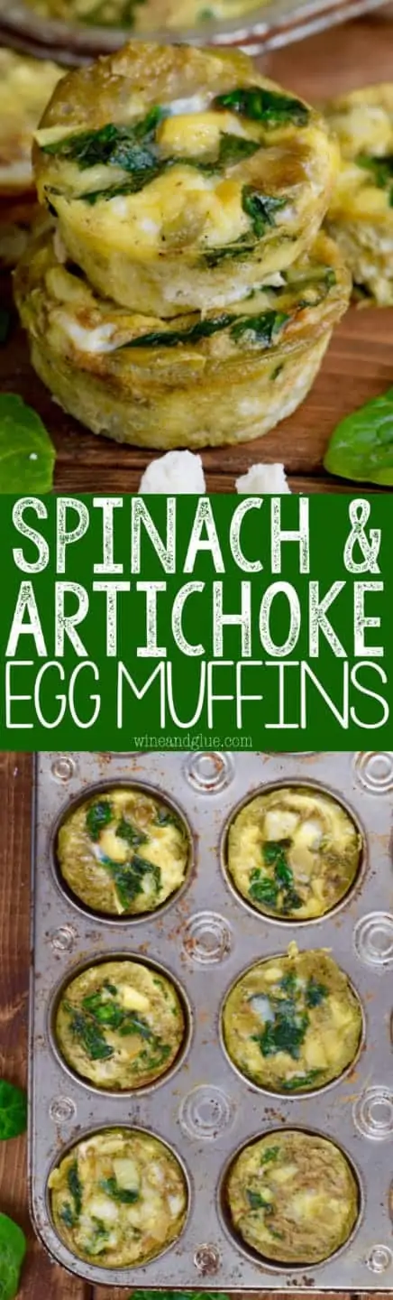 Two Spinach and Artichoke Egg Muffins are stacked on top of each other showing the spinach, melted feta cheese, white onion, and artichoke.