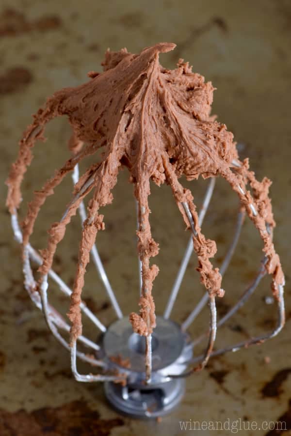 On a stand mixer whisk, the Chocolate Buttercream Frosting has a stiff peak and has a fluffy and airy texture. 