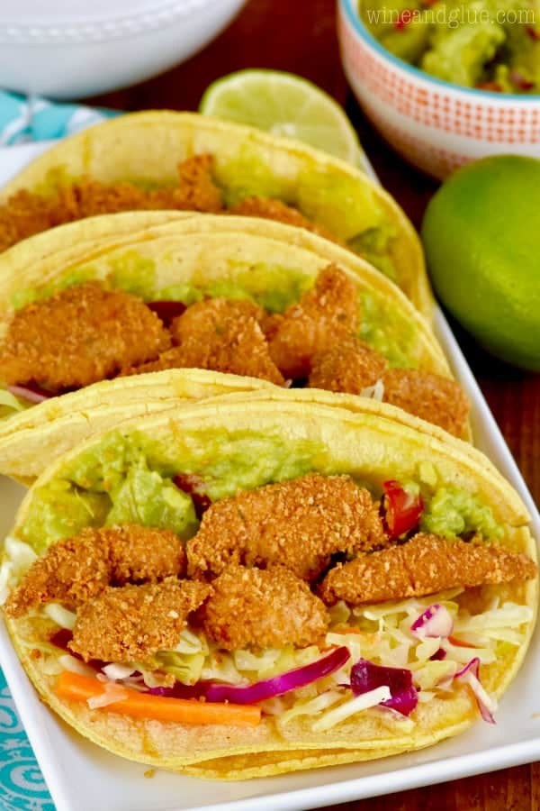 In soft tortilla shells, the Baja Chicken is also with guacamole and a lettuce slaw. 