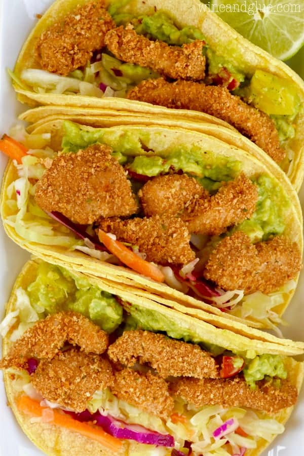 In soft tortilla shells, the Baja Chicken is also with guacamole and a lettuce slaw. 