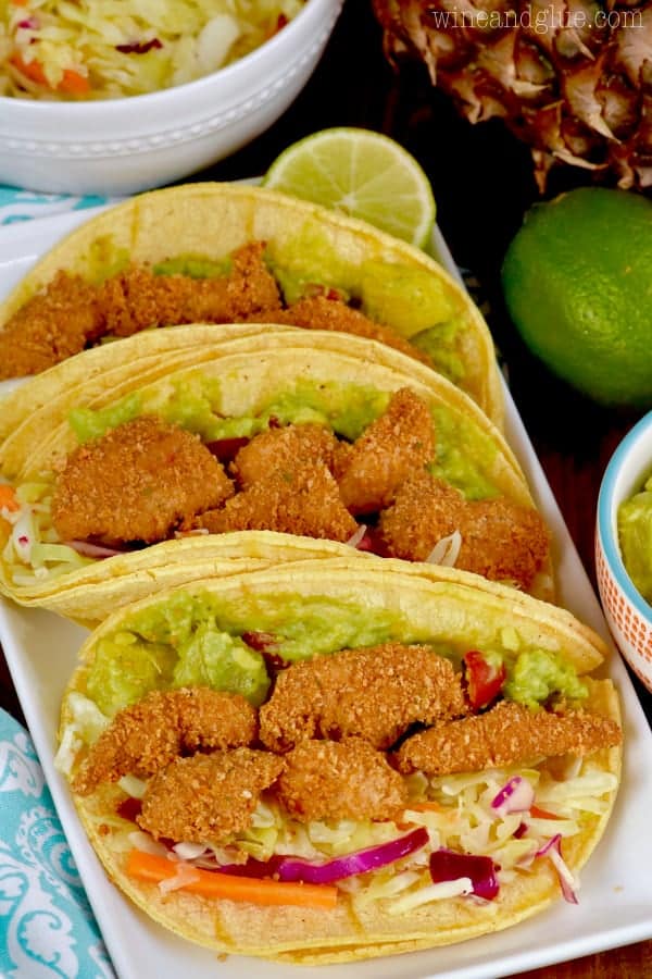 In soft tortilla shells, the Baja Chicken is also with guacamole and a lettuce slaw. 