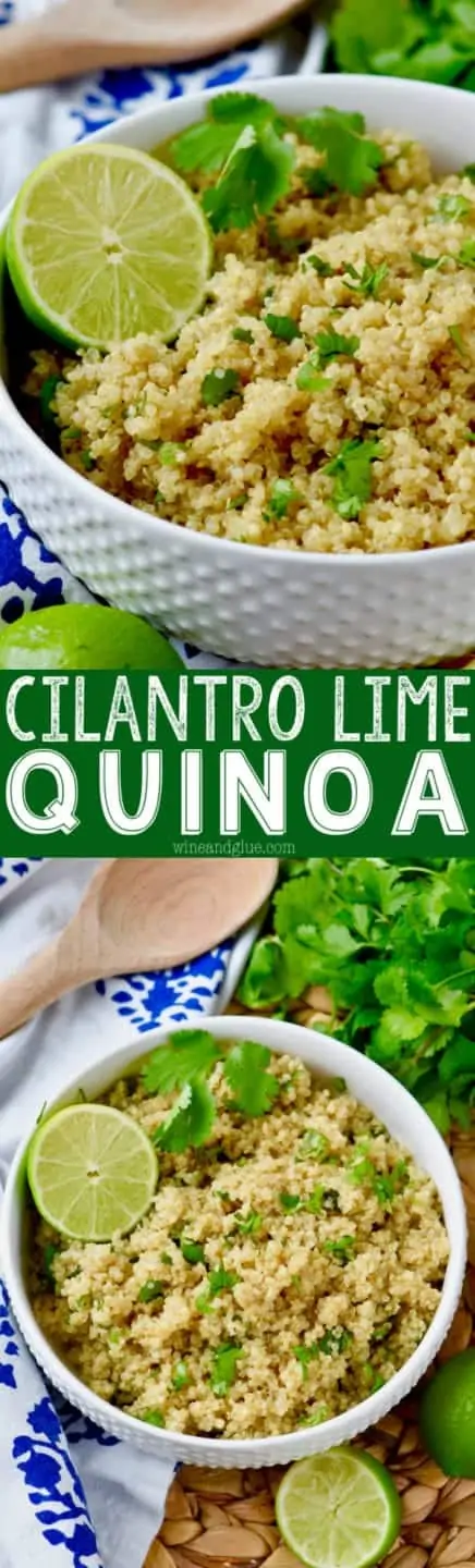 In a white bowl, the Cilantro Lime Quinoa is topped with cilantro and a slice of lime. 