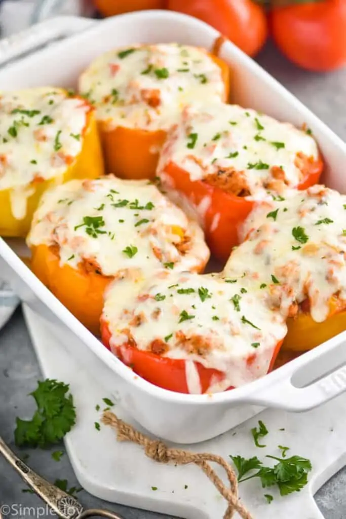 stuffed pepper recipe in a white casserole dish