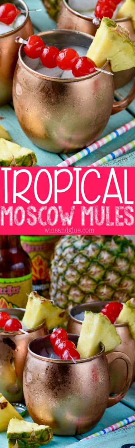 In copper mugs, the Tropical Moscow Mules have ice cubes and on the rim there are sliced pineapples and cherries. 