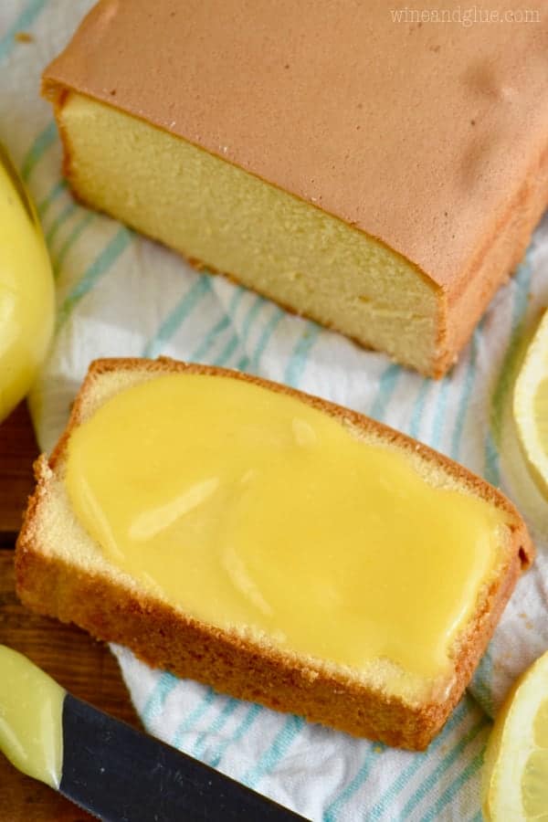 slice of pound cake with lemon curd spread on top