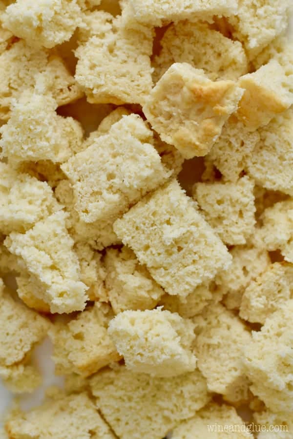 The Beer Bread Dip Bowl is cut into little cubes. 