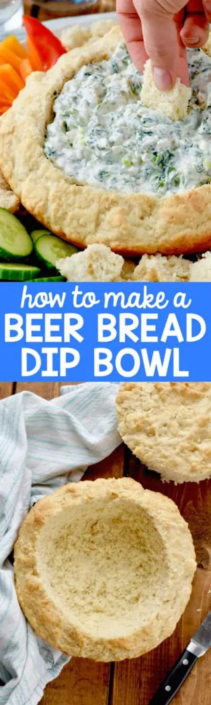 The Spinach dip is in the Beer Bread Dip Bowl and surrounded with vegetables. 