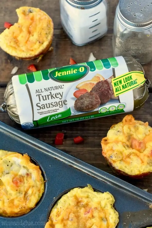 Jeanie-O's turkey sausage is surrounded by the Cheese and Sausage Egg Muffins. 