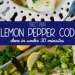 Pinterest graphic of sheet pan lemon pepper baked cod