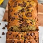 chocolate chip banana bread sliced on a cutting board