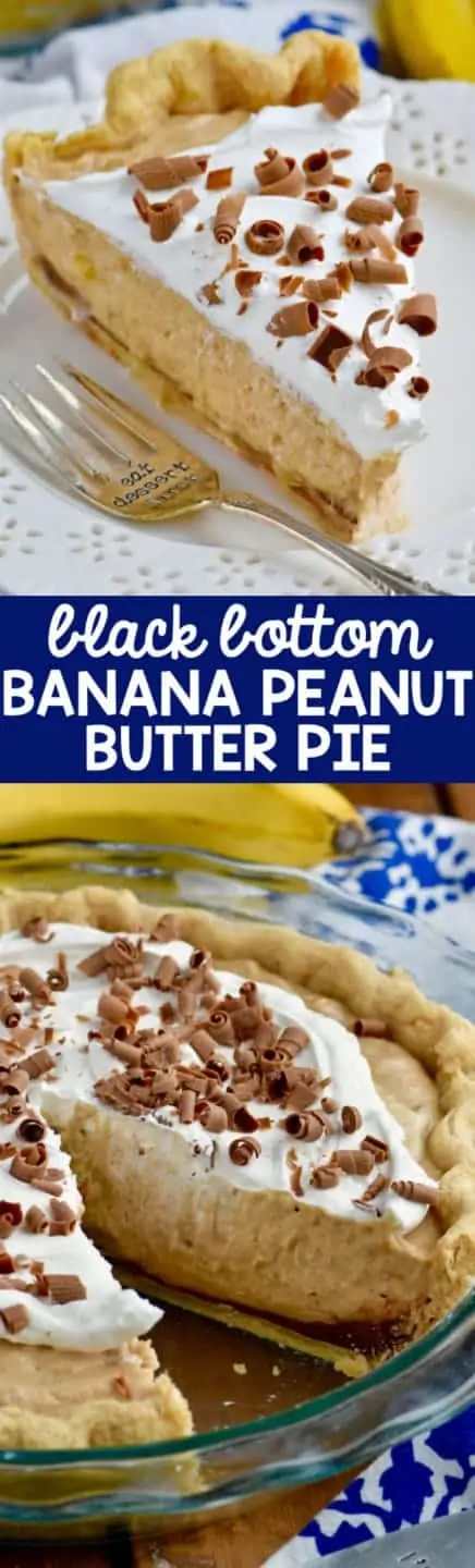 A slice of the Black Bottom Banana Peanut Butter Pie has three distinct fillings starting with the chocolate ganache at the bottom, the creamy Banana Peanut Butter middle, and whipped cream topping with shaved chocolate. 