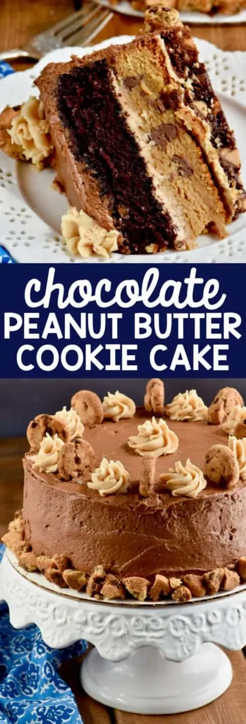 A slice of the Chocolate Peanut Butter Cookie Cake is three layers of brownie, cookie, and chocolate cake with peanut butter and chocolate frosting. 