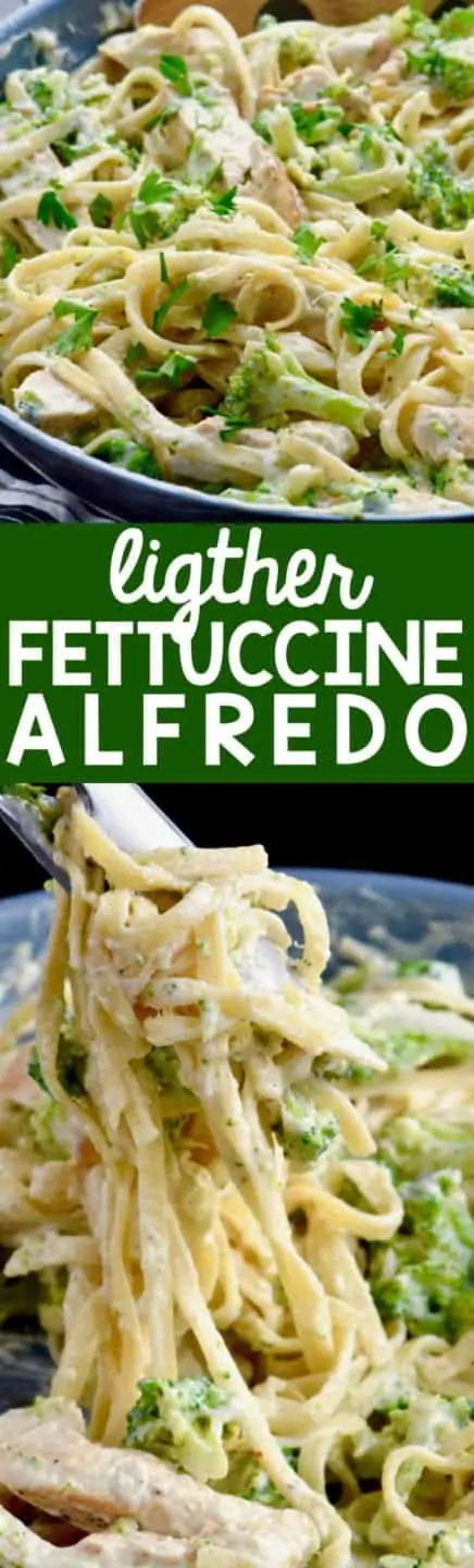 The Lighter Fettuccine Alfredo is a sauce pan and broccoli, chicken pasta, and parsley is mixed in together with a white creamy sauce. 