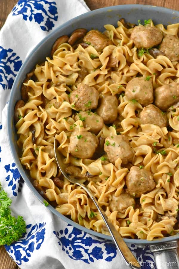 pan of one pot meatball stroganoff