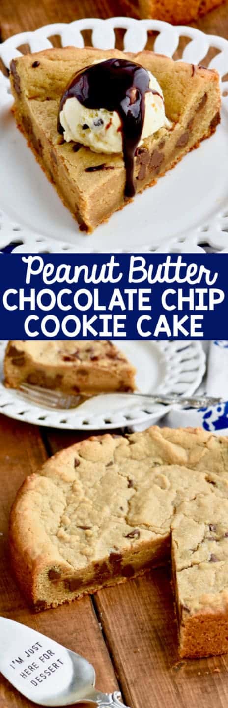A slice of the Peanut Butter Chocolate Chip Cookie Cake with a scoop of ice cream and drizzled with chocolate syrup