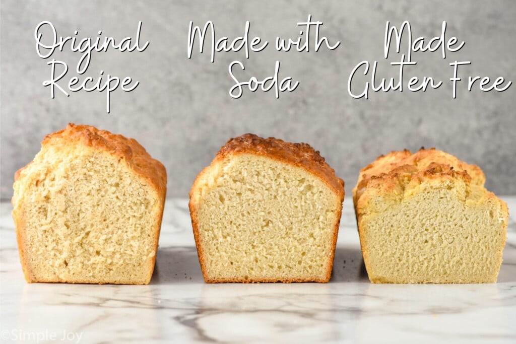 Photo of three loaves of Beer Bread recipe, the farthest left is tallest and they get lest risen as you go right, labeled from left to right “original recipe,” “made with soda,” and “made gluten free”