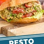 Pinterest graphic for Pesto Chicken Salad recipe. Photo of Pesto Chicken Salad served on a croissant. Text says, "Pesto Chicken Salad simplejoy.com"