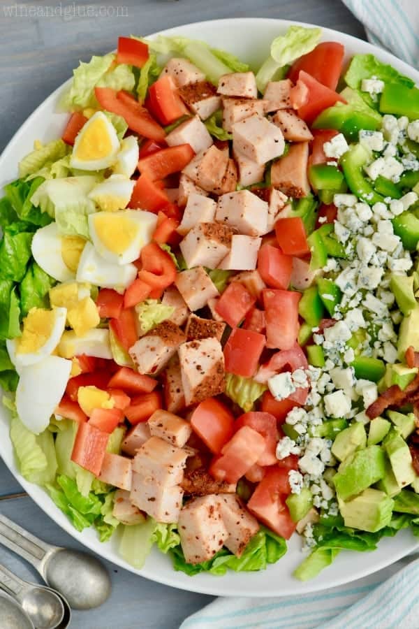overhead view of cajun cobb salad recipe broken down by ingredients