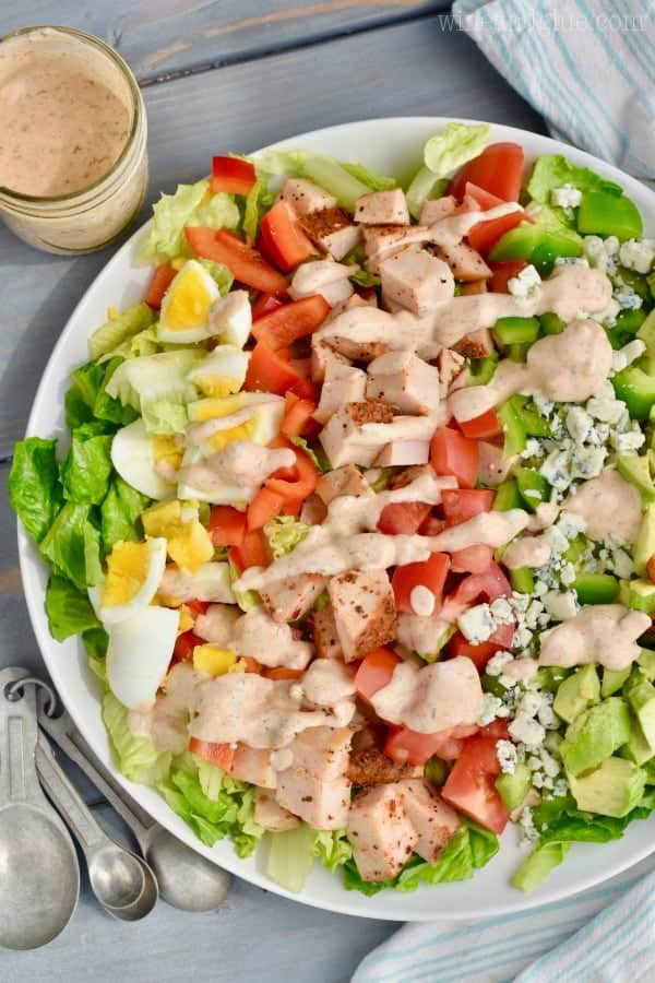 cajun cobb salad recipe covered in cobb salad dressing