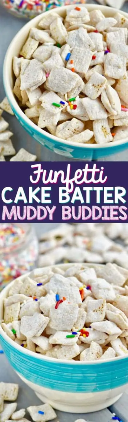 In a blue bowl, the Funfetti Cake Batter Muddy Buddies is powdered with some dry white cake batter and sprinkled with rainbow sprinkles. 