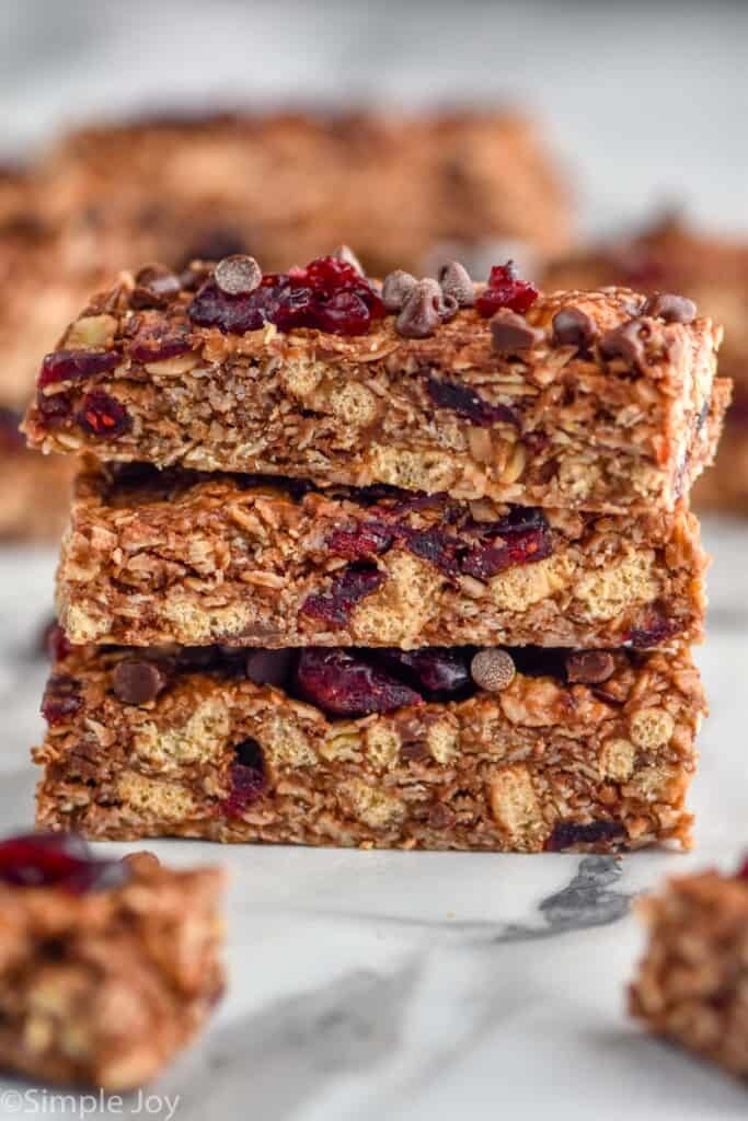 side view of three granola bars stacked