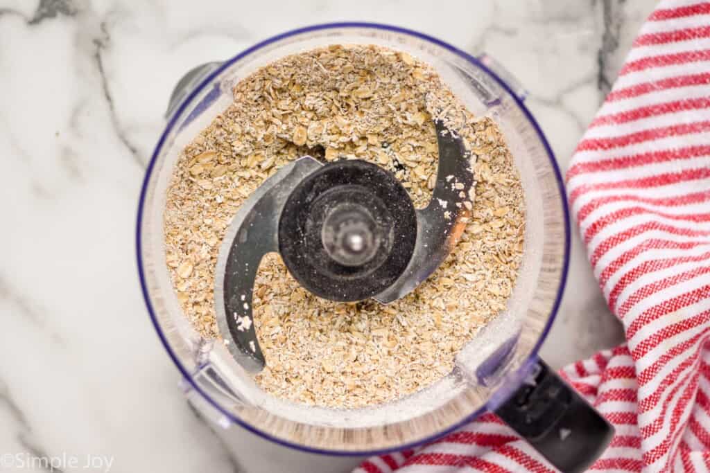 overhead of a quick cooking oats in a food processor
