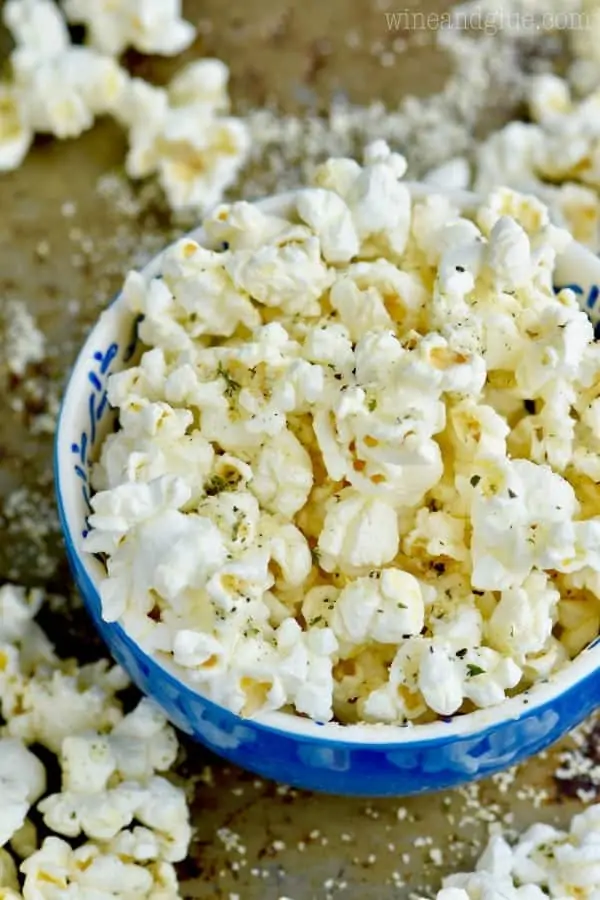 An overhead photo of the Italian Popcorn in a blue bowl 