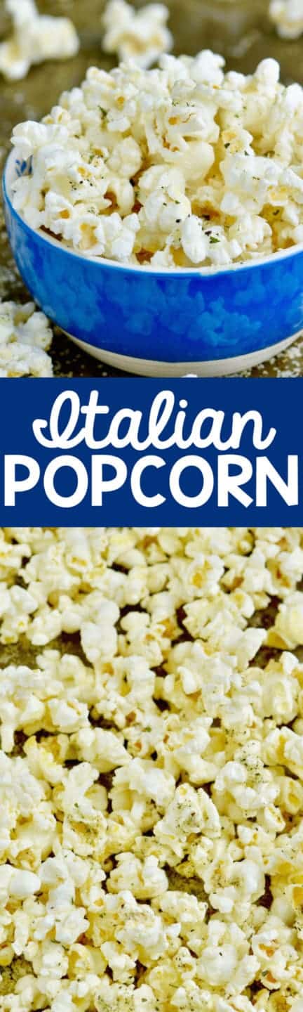 In a blue bowl, the Italian Popcorn has dry basil and dry parsley. 