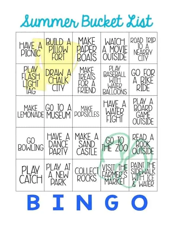 The printable version of the Summer Bucket List Bingo