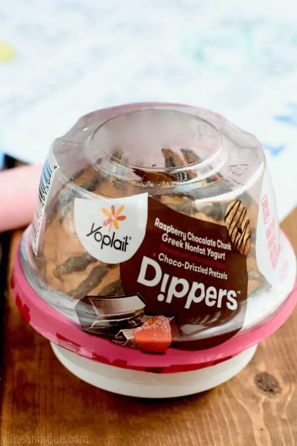 A picture of Yoplait's Raspberry Chocolate Chunk Greek Nonfat Yogurt Dippers. 
