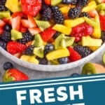 pinterest graphic of fruit salad recipe in a white bowl