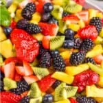 pinterest graphic of fruit salad recipe in a white bowl