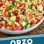 Pinterest graphic for Easy Orzo Salad recipe. Image is overhead photo of a bowl of Easy Orzo Salad. Text says, "Orzo pasta salad simplejoy.com"