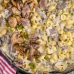 pinterest graphic of a skillet with Philly cheesesteak Mac and cheese