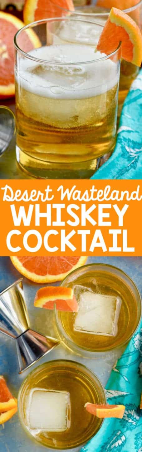In a glass, the Desert Wasteland Whiskey Cocktail has a large cube of ice and a slice of orange on the brim of the glass. 