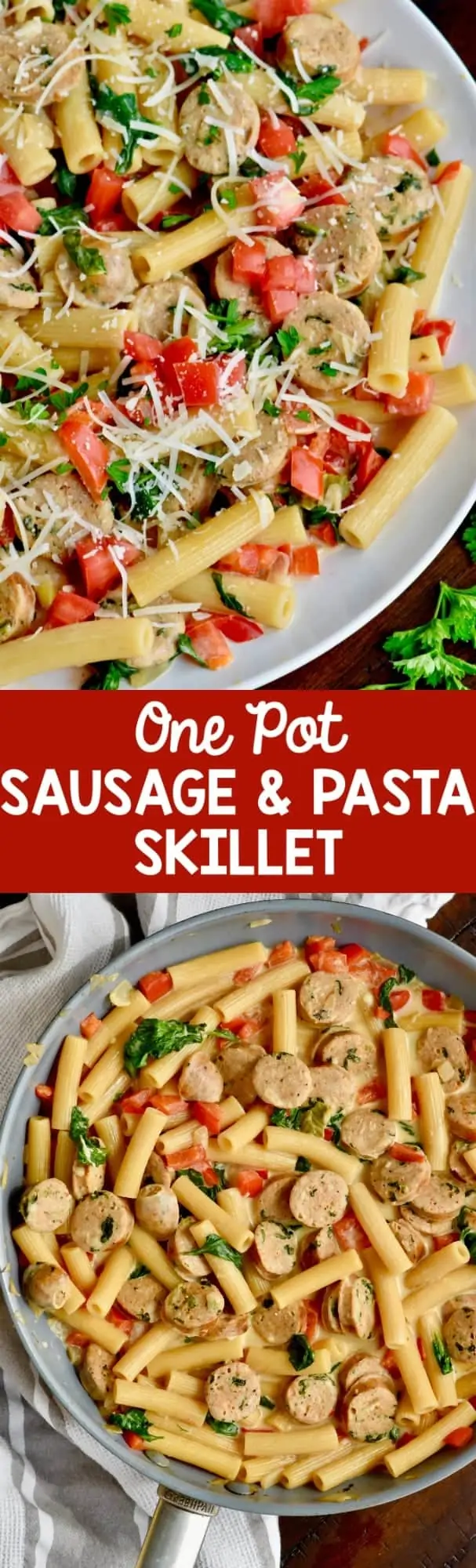 In a skillet, the Sausage Pasta Skillet shows the different rainbow colors from the sausage, pasta, spinach, red peppers, and tomatoes. 