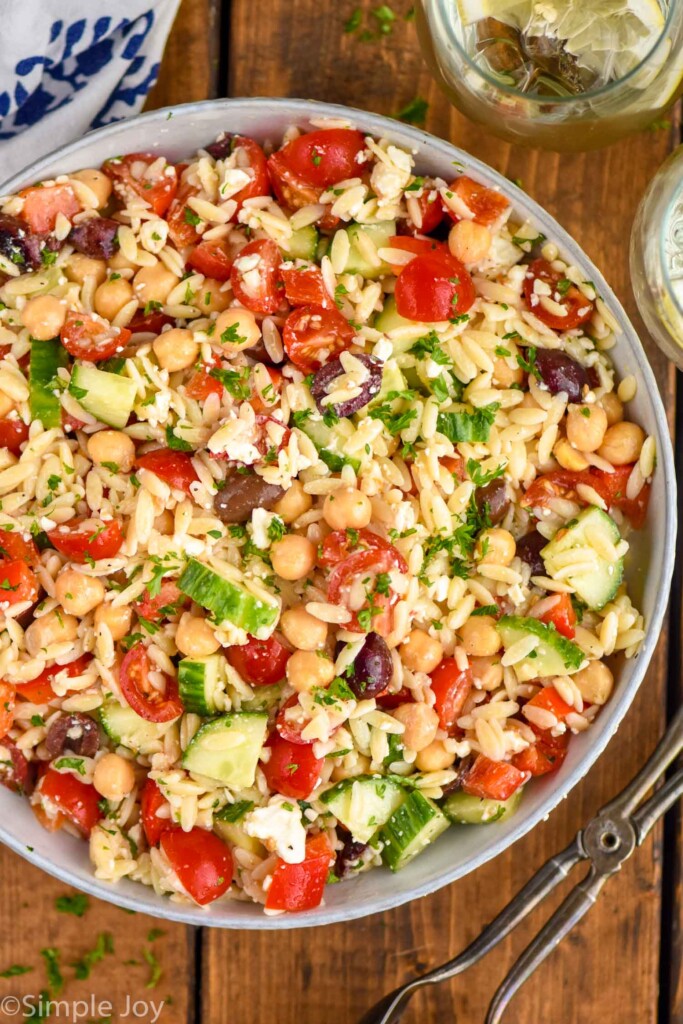Overhead photo of a bowl of Easy Orzo Salad