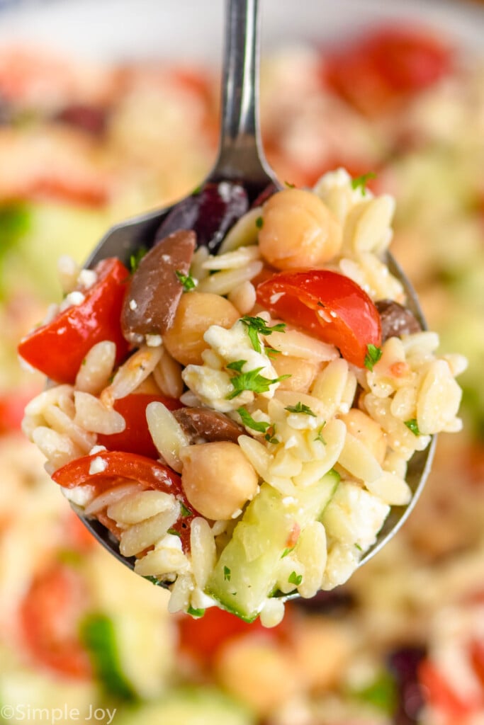 Close up photo of a spoonful of Easy Orzo Salad