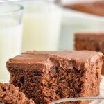 pinterest graphic opice of moist chocolate cake with a fork bite missing