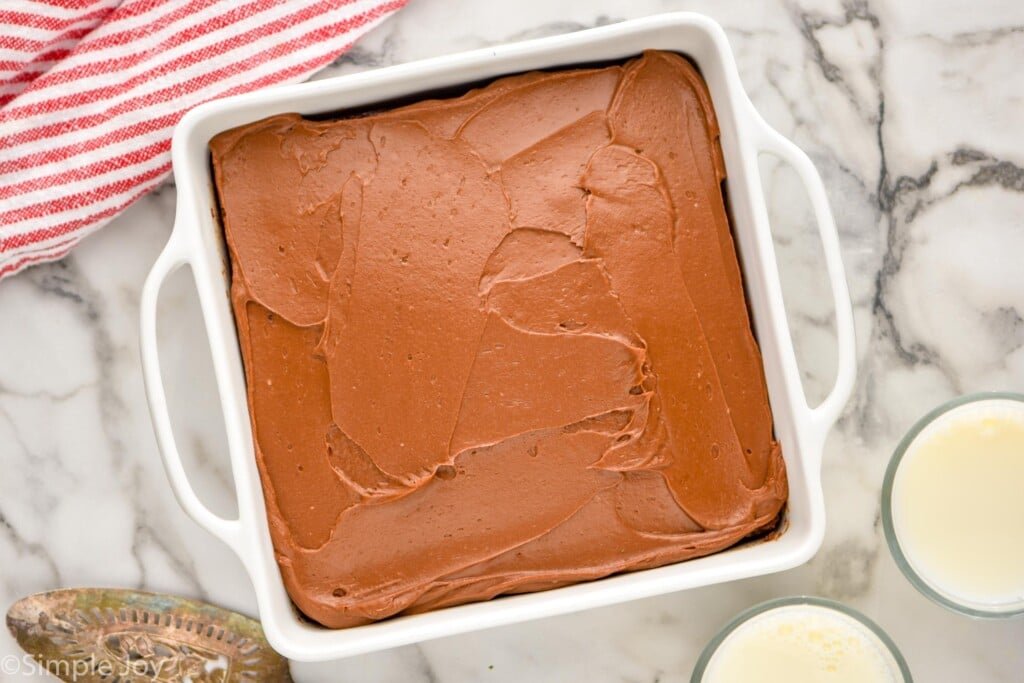 overhead of the best chocolate cake recipe in a square baking dish