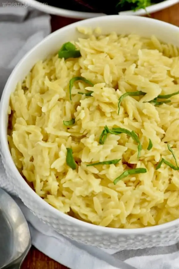 a bowl of cheesy orzo
