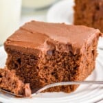 easy chocolate cake on a plate with a bite missing - 15