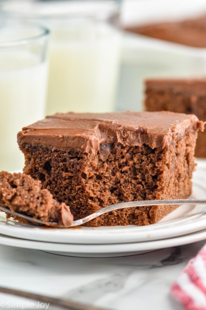 pice of moist chocolate cake with a fork bite missing