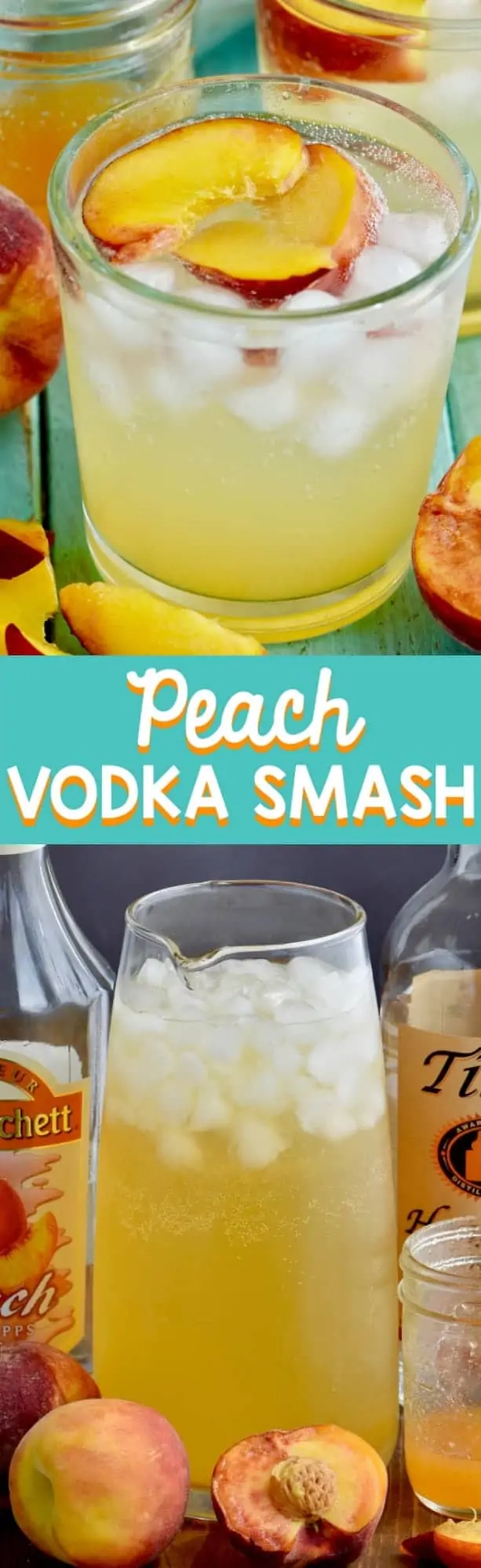 In a clear glass, the Peach Vodka Smash has two sliced peaches with ice. 