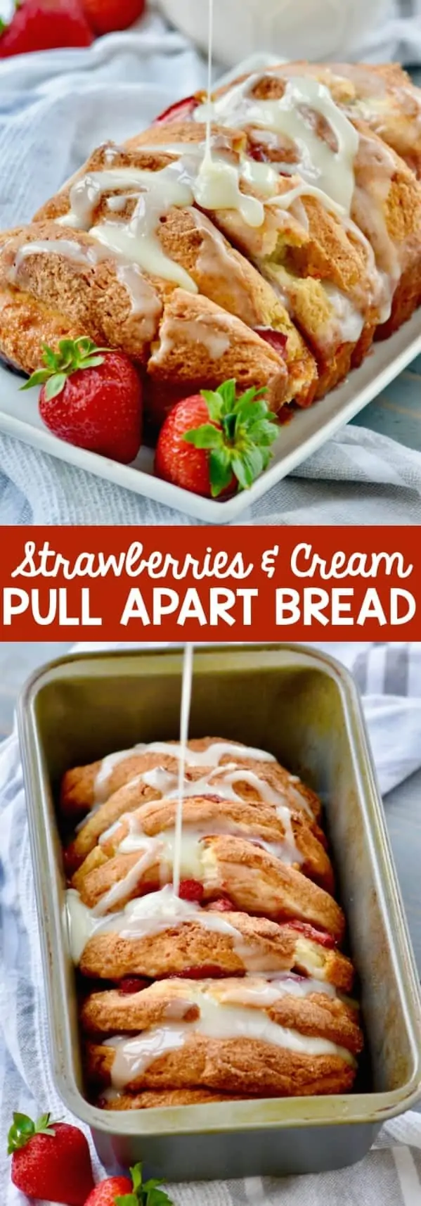 On a white plate, the Strawberries and Cream Pull Apart Bread has a beautiful golden brown crust, and some white cream is being drizzled on top of it. 