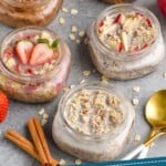 pinterest graphic of five mason jars filled with different flavors of overnight oats, says: "4 recipes for overnight oats, simplejoy.com"