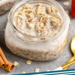 pinterest graphic of a small mason jar full of overnight oats recipe says "overnight oats, simplejoy.com, four different flavors"