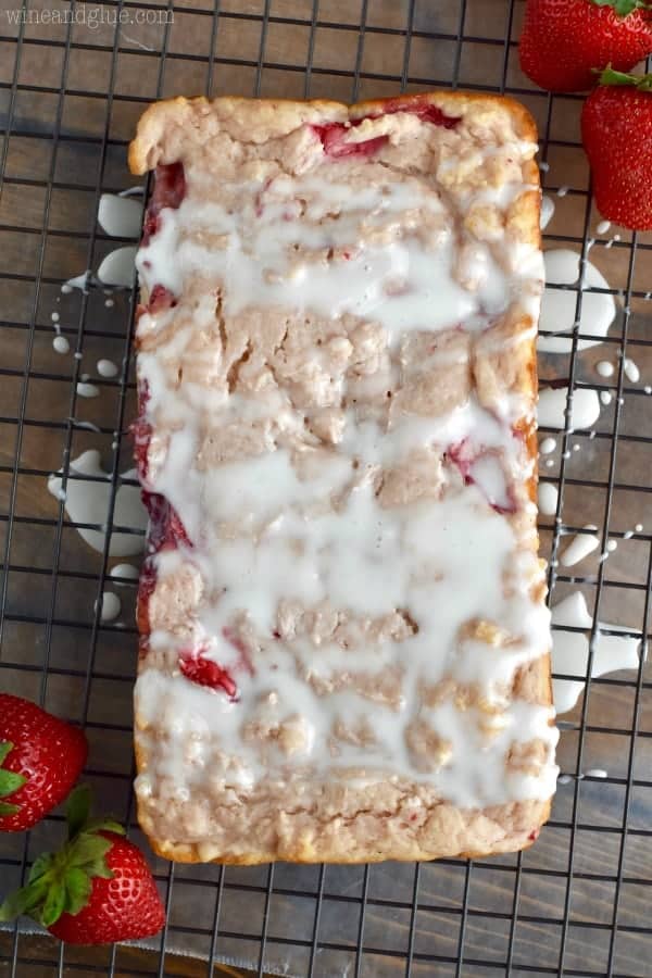 An overhead photo of the Three Ingredient Yogurt Bread is drizzled with white icing 
