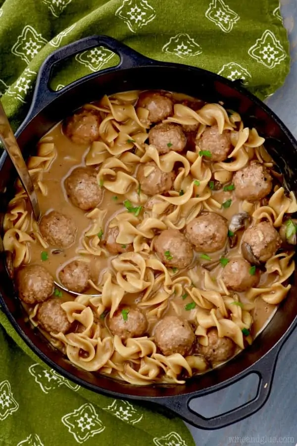 In a cast iron, the Meatball Beef Stroganoff has a creamy rich broth. 