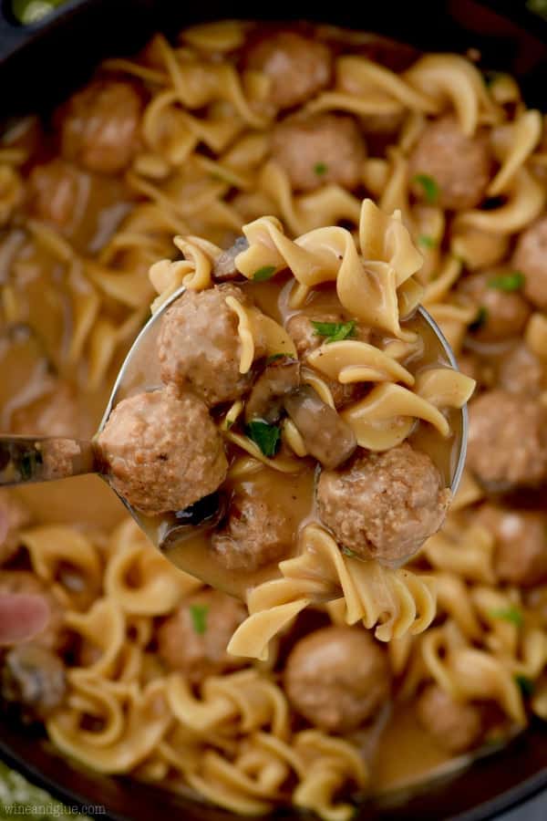 An overhead photo of a spoon with the Meatball Beef Stroganoff.